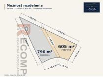 Návrh rozdelenia pozemku na 796 a 605 m² s rozmermi